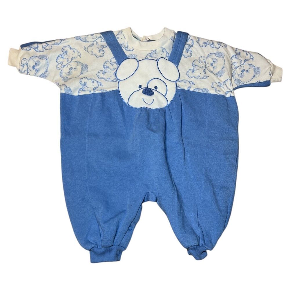 Vintage Little Miracles Blue 80s 90s Dog Baby Romper 3/6 Months Snap‎ Closure